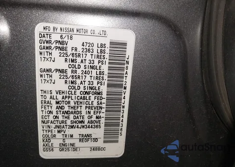 2018 Nissan Rogue Sv from USA, damaged, VIN JN8AT2MV4JW344365